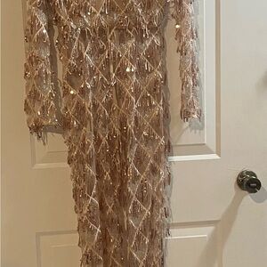 PrettyLittleThing Sequin Fringe Jumpsuit in Gold